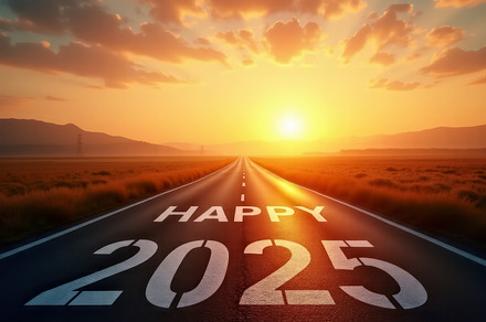 Happy 2025 written on road with suns, a Transportation Photo by Perpis