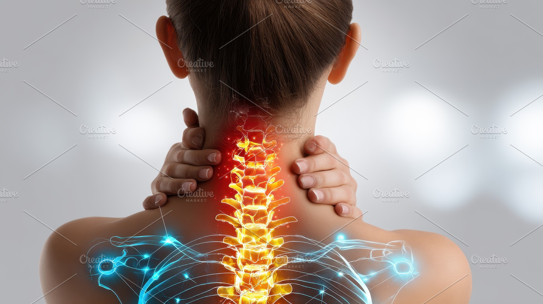 Woman with neck pain spinal anatomy, a Photo by Pixeness Studio