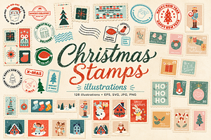 Christmas Stamps Illustrations, a Seasonal Illustration by Anna Studio
