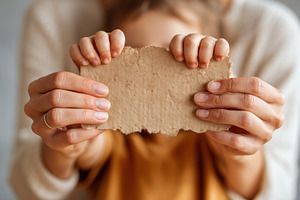 Hands holding cardboard with child in background, a Person Photo by AlyaAnd