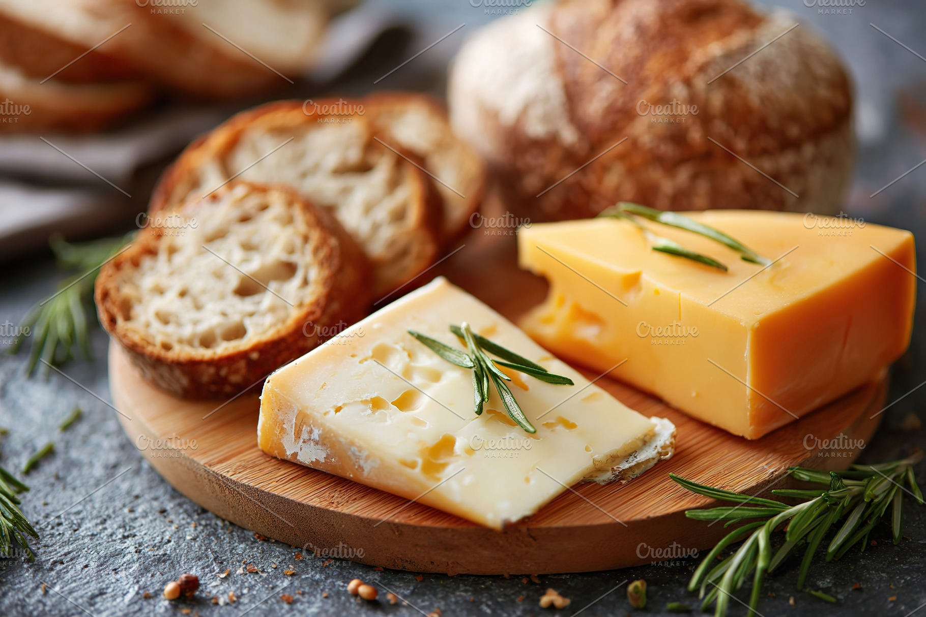 Crusty bread slices paired with creamy cheese on a wooden platter at a rustic t, a Food & Drink Photo by AlyaAnd