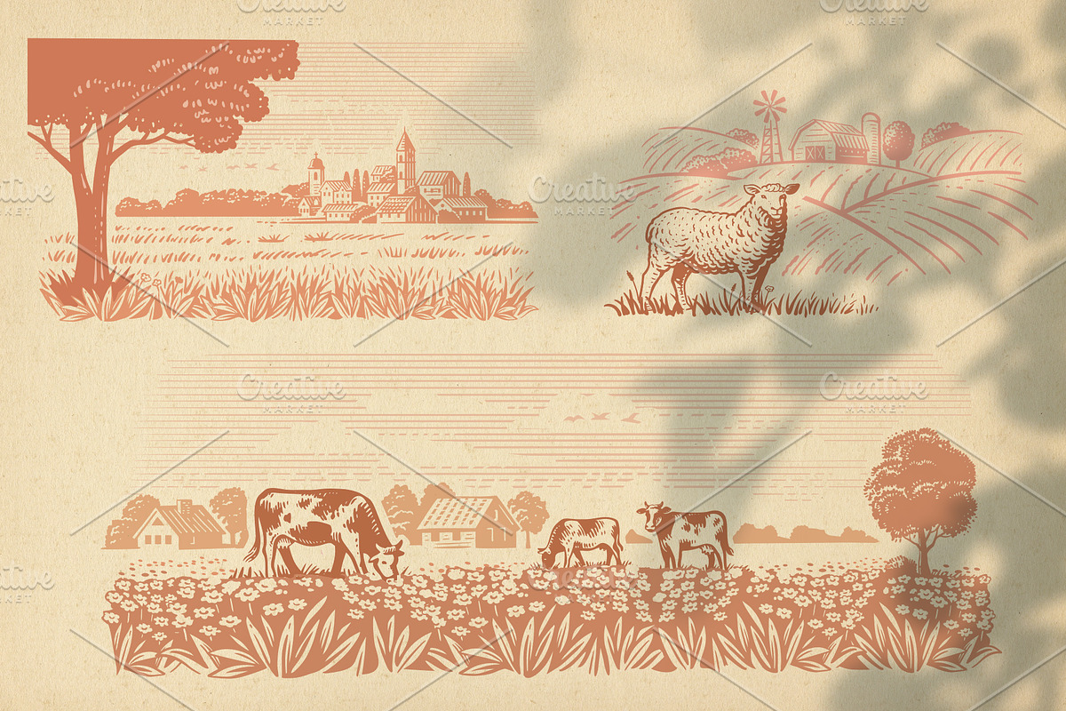 Vintage village. Vector set., an Animal Illustration by bioraven (Photo 4 of 13)