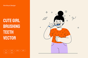 Cute Girl Brushing Teeth Vector, a Person Illustration by Partikusi Design