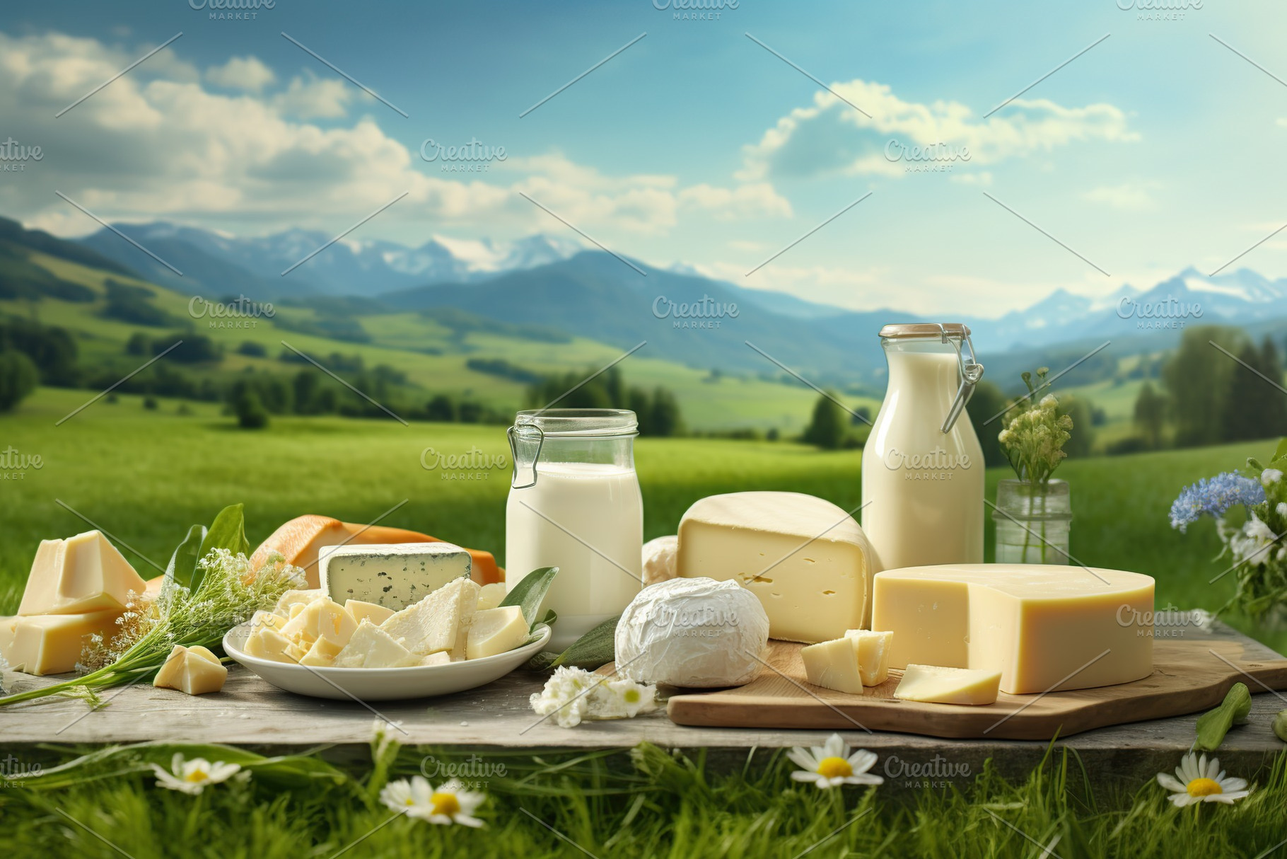 Fresh dairy products on landscape with green grass, a Food & Drink Photo by AlyaAnd
