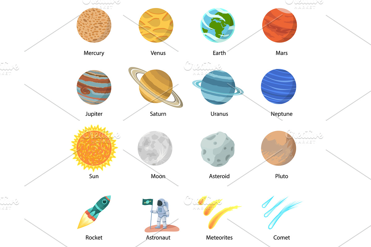 Space planet icon set, flat style, an Illustration by Ylivdesign