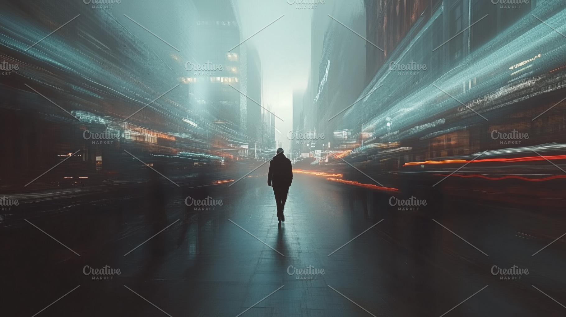 A solitary figure walks down a bustling city street, surrounded by blurred ligh, a Person Photo by Textures & Backgrounds