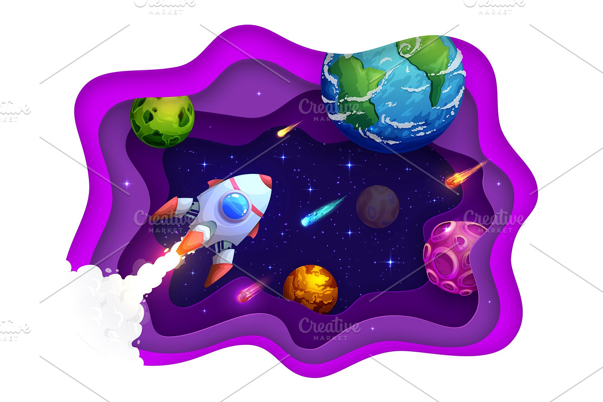 Space paper cut rocket, planets, an Education Illustration by Vector Tradition (Photo 3 of 3)