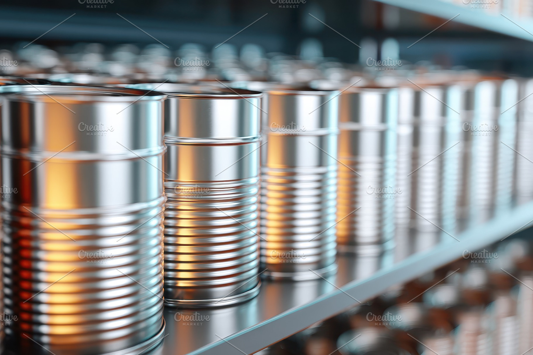 Metallic canned goods on supermarket shelf, an Industrial Photo by AlyaAnd