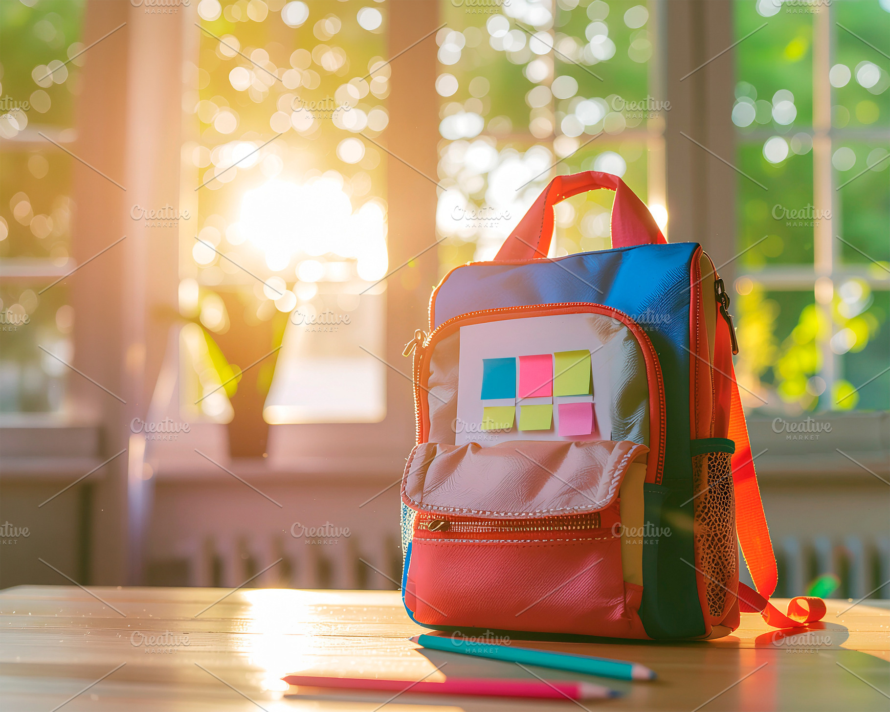 Children backpack on desk with sunlight, a School & Education Photo by DanFLCreativo