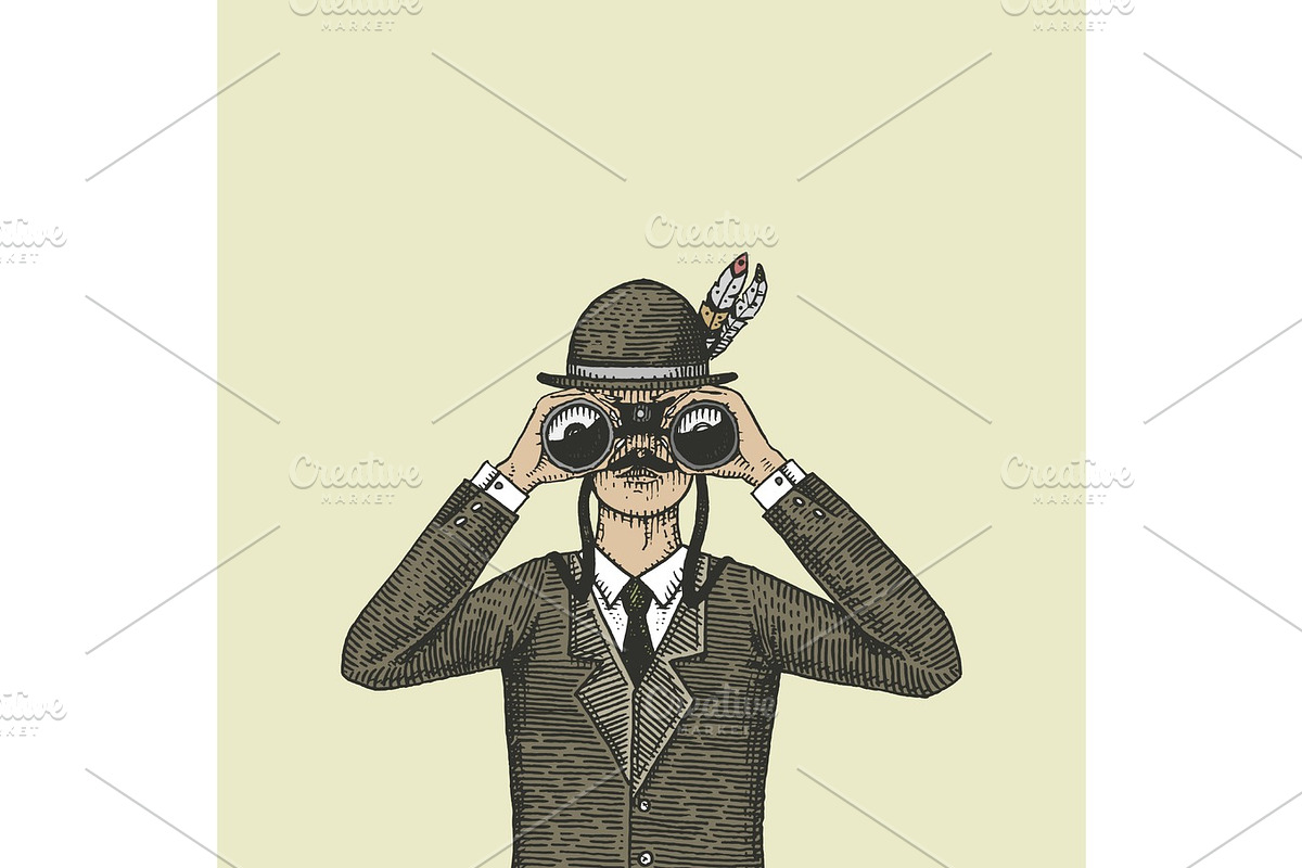Man in costume looking through the binoculars, spyglass vintage old engraved or hand drawn illustration. Hunter, ornitologist, scientist in wood cut or sketch style., a Finance Illustration by Arthur Balitskiy
