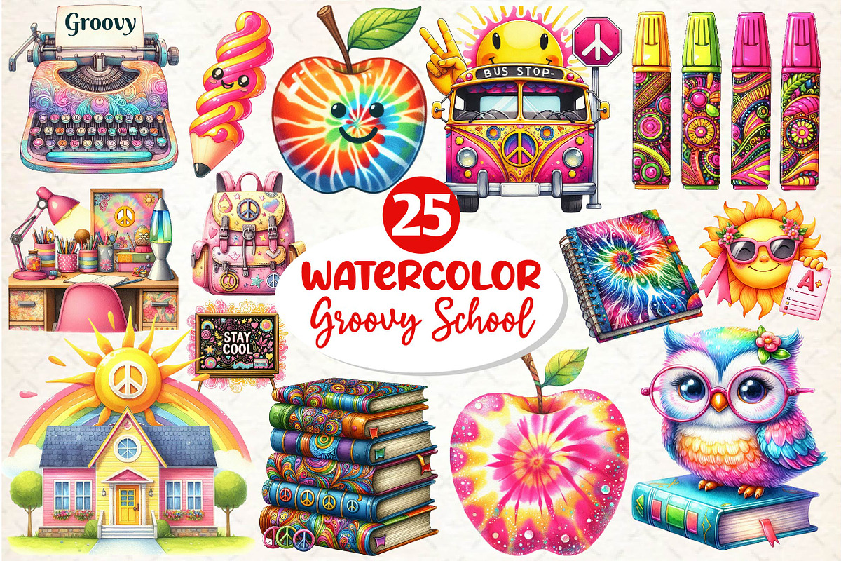 Groovy School Sublimation Clipart, an Illustration by Dream Creation (Photo 1 of 5)