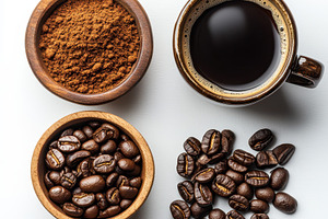 Coffee beans ground coffee and a cup, a Food & Drink Photo by Pixeness Studio