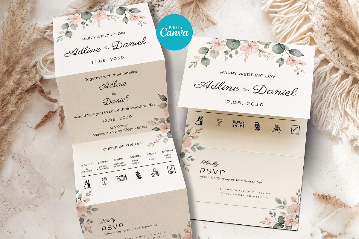Floral Wedding Invitation Suite, an Invitation Template by Arslan (Photo 1 of 3)
