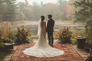 Couple in wedding attire stand by se, a Photo by Tanuart