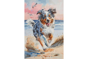 Dog Running on Beach with Sunset Art, an Animal Illustration by Art Paradise Studios