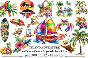 Watercolor Island Adventure Clipart, an Illustration by Designking