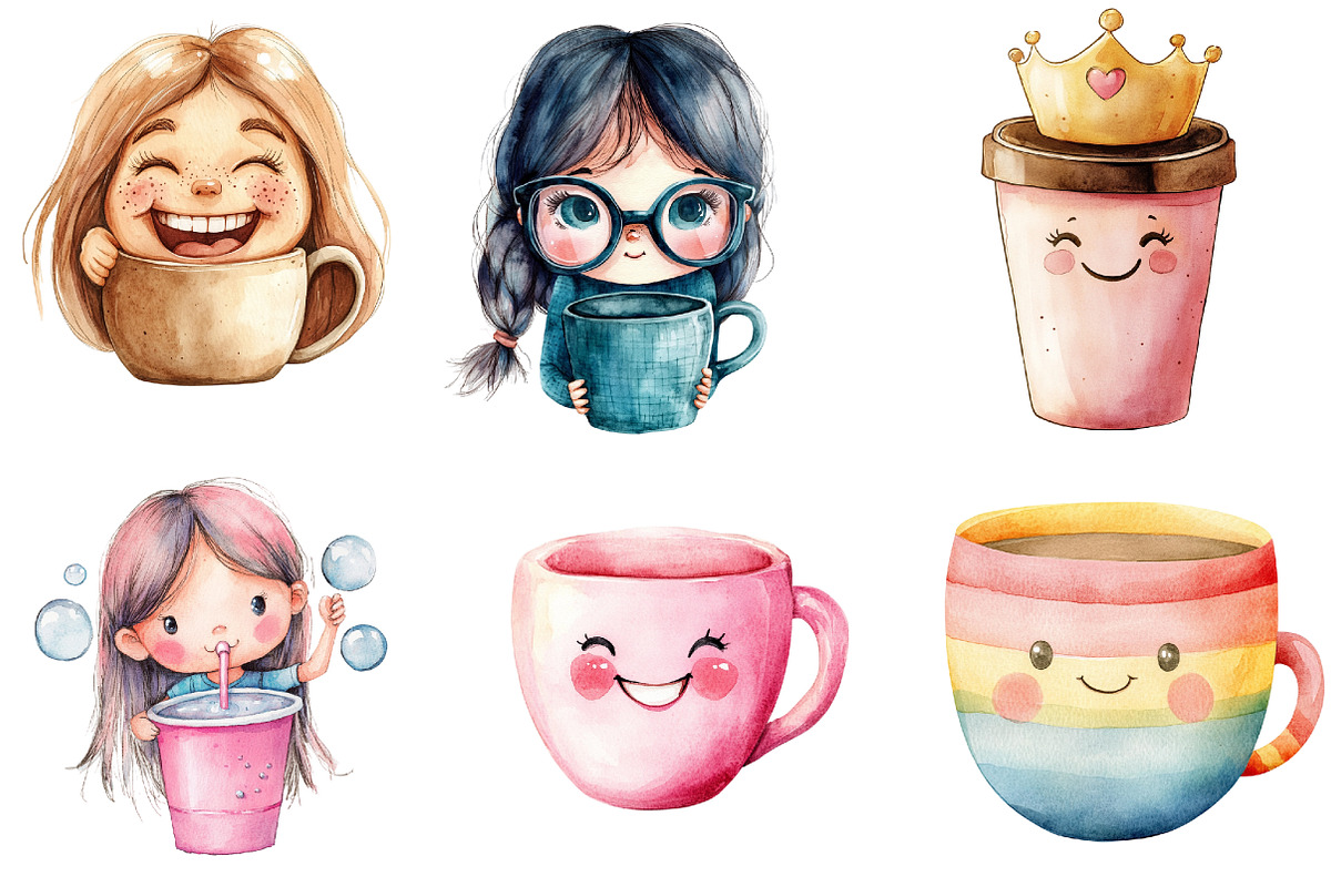 Watercolor Funny Girl Coffee Cup, an Illustration by DreamArtGraphic (Photo 3 of 5)