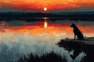 Dog sitting quietly at edge of a lake during vivid orange sunset, an Animal Photo by José Manuel Gelpi