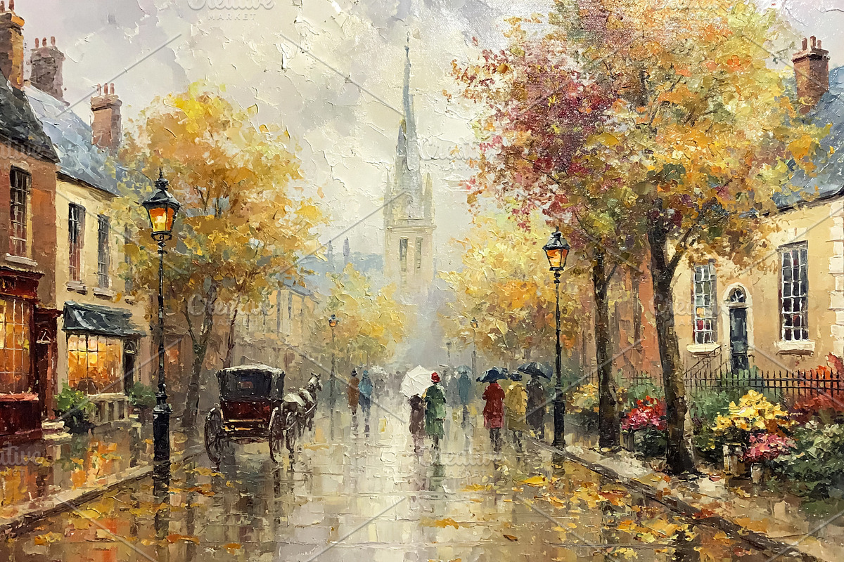 Autumn rain falling on a European city street with horse carriag, an Illustration by Studio ANNA