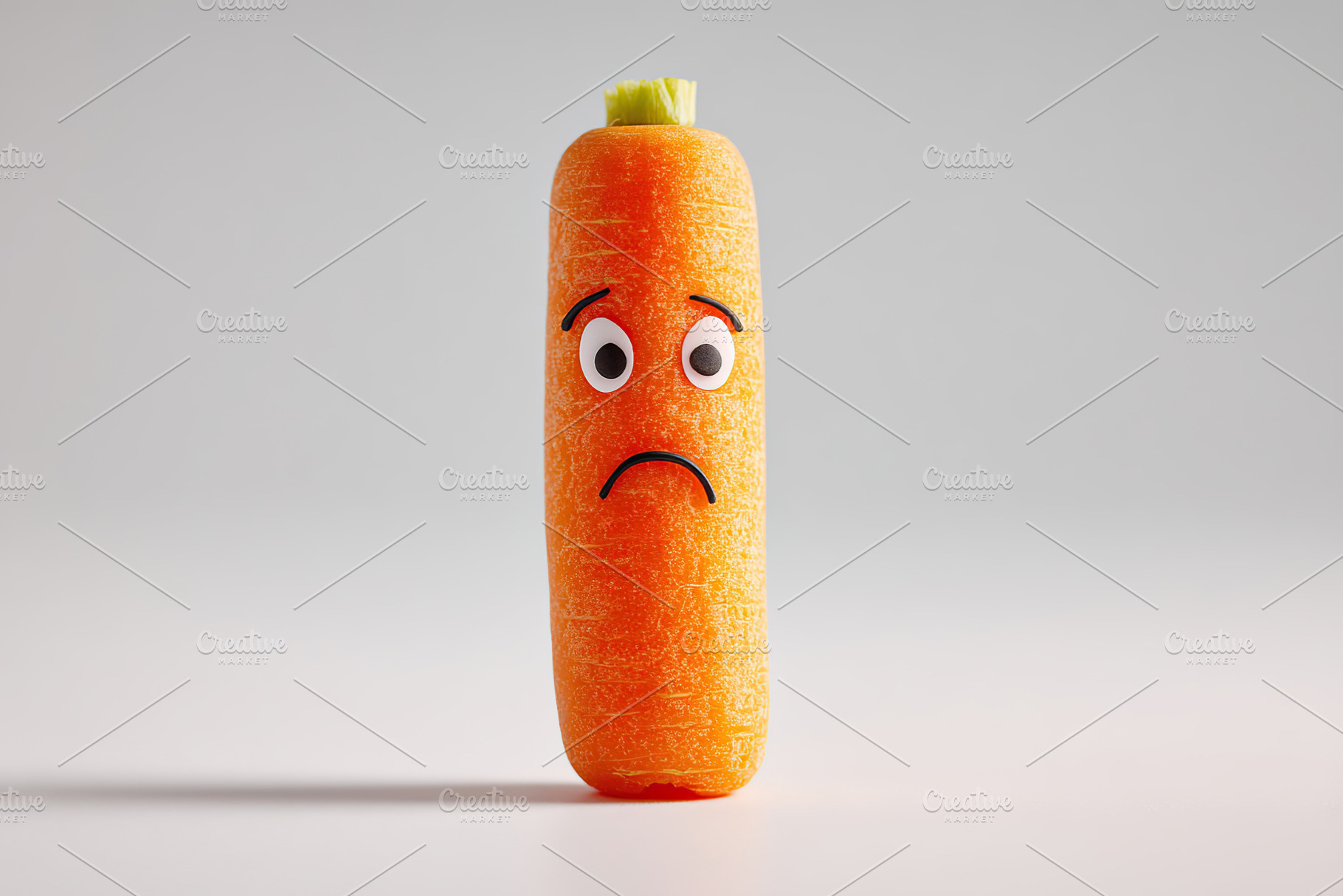 Carrot stick standing upright on white with a sad expression and cartoon eyes, a Food & Drink Photo by AlyaAnd