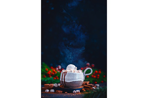 Hot chocolate with marshmallows and containing winter, drink, and water