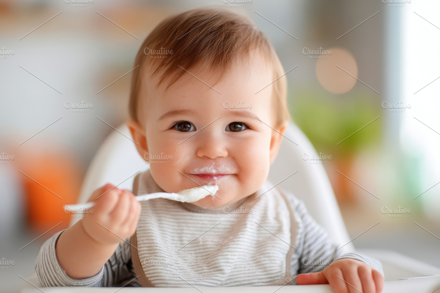 Happy baby enjoying mealtime in high chair, a Person Photo by AlyaAnd