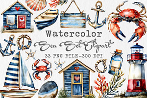 Watercolor sea set Clipart, an Illustration by Libby Wishes