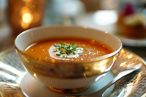 Gourmet tomato soup with cream and chives, served in an elegant, a Food & Drink Photo by Studio ANNA