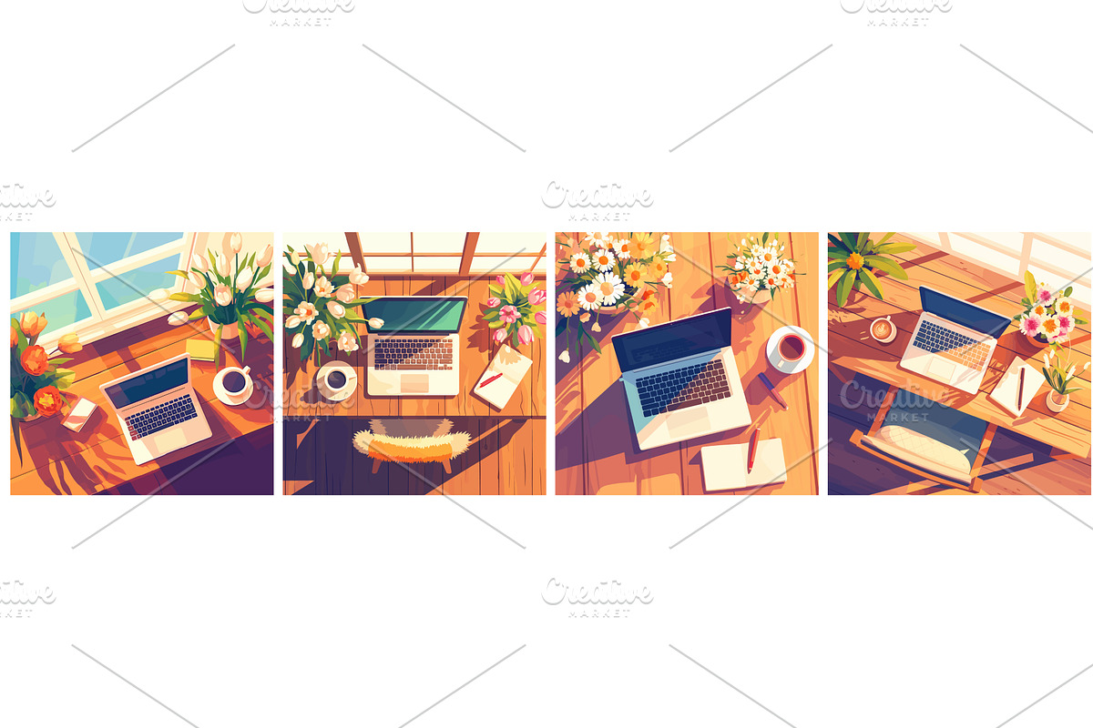 desktop near the window. open laptop, a Technology Illustration by Stock-Smart-Start