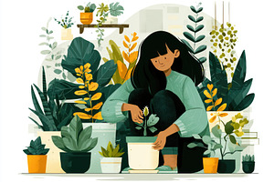 Woman transplanting houseplant in indoor gardening illustration, a Person Photo by José Manuel Gelpi