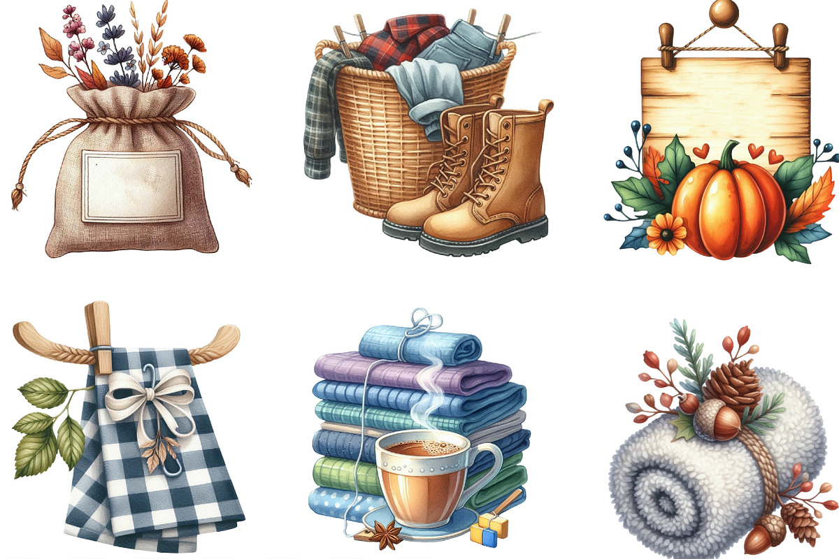 Watercolor Autumn Laundry Clipart, an Illustration by Designking (Photo 3 of 4)