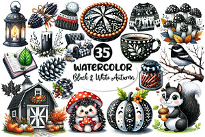 Black & White Autumn Clipart, an Illustration by Dream Creation