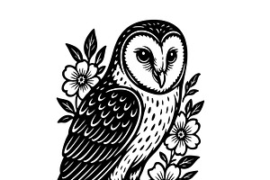 Barn owl surrounded by flowers., an Animal Illustration by yod67