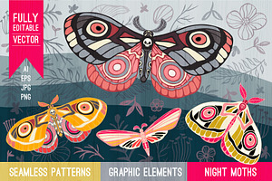 Night Moths, Butterflies Vector Set