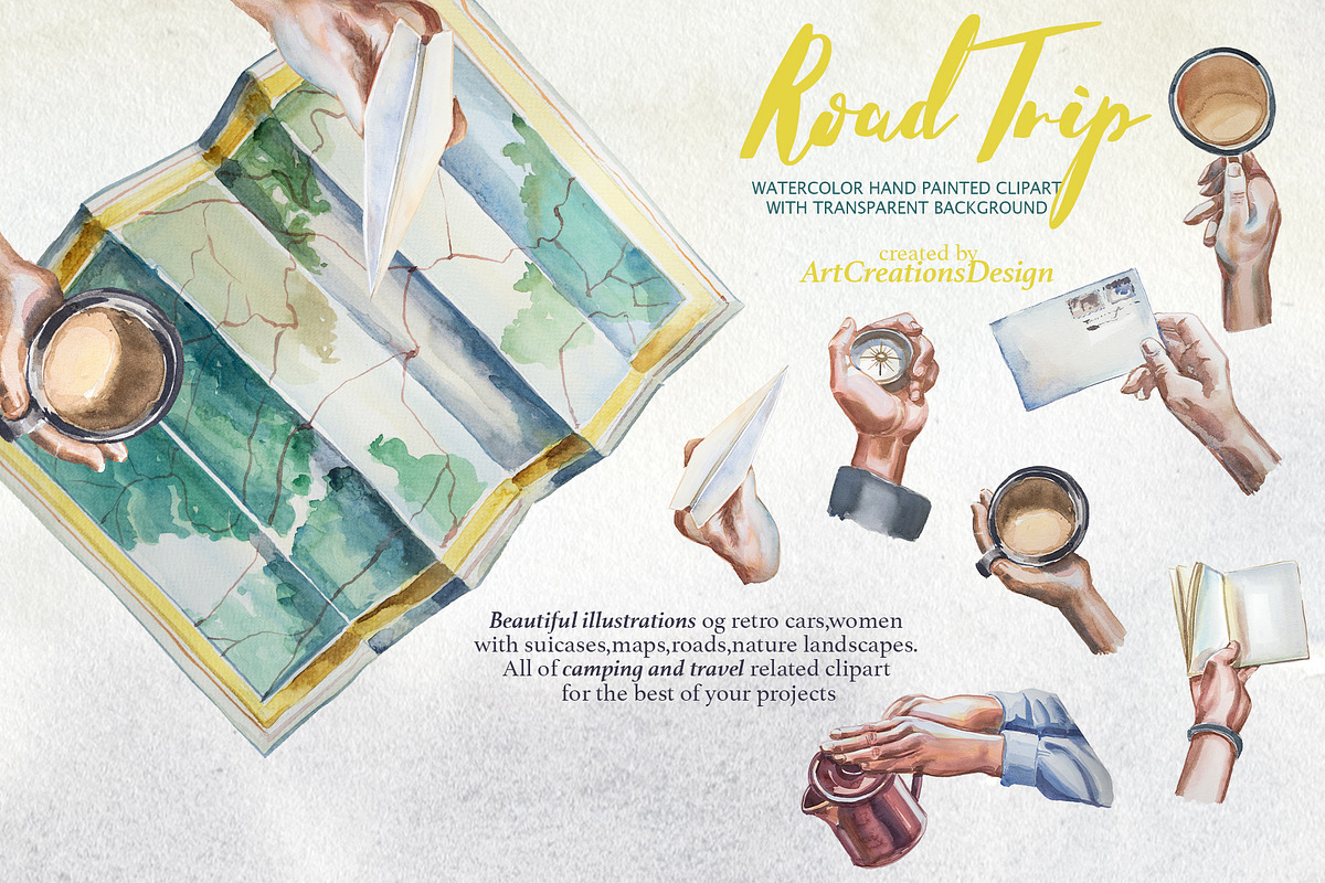 Watercolor Road Trip Clipart Set, a Person Illustration by ArtCreationsDesign (Photo 10 of 19)