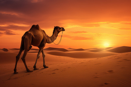 Camel in the desert at sunset. 3d re, a Photo by Iftikhar Alam
