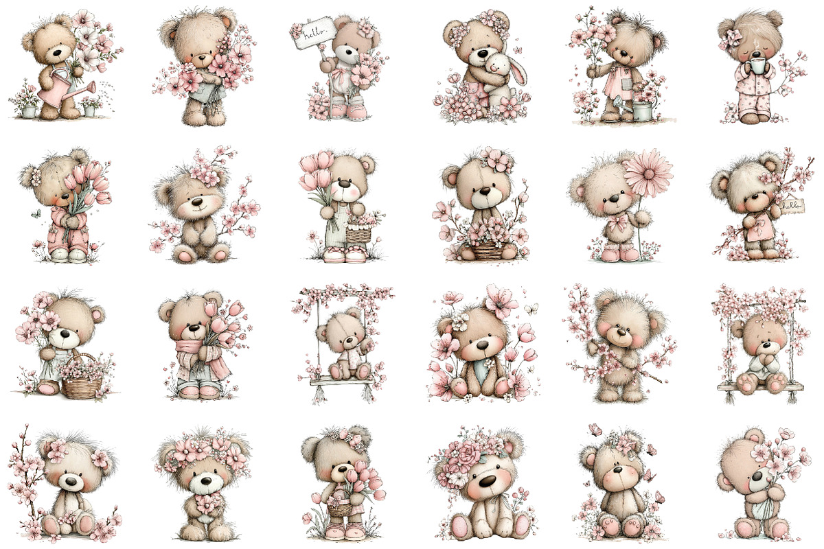 Whimsical Spring Teddy Bear Clipart, an Illustration by designcity5 (Photo 2 of 5)