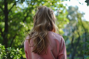 Young woman in pink sweatshirt on summer park background, back view, a Beauty & Fashion Photo by AlyaAnd