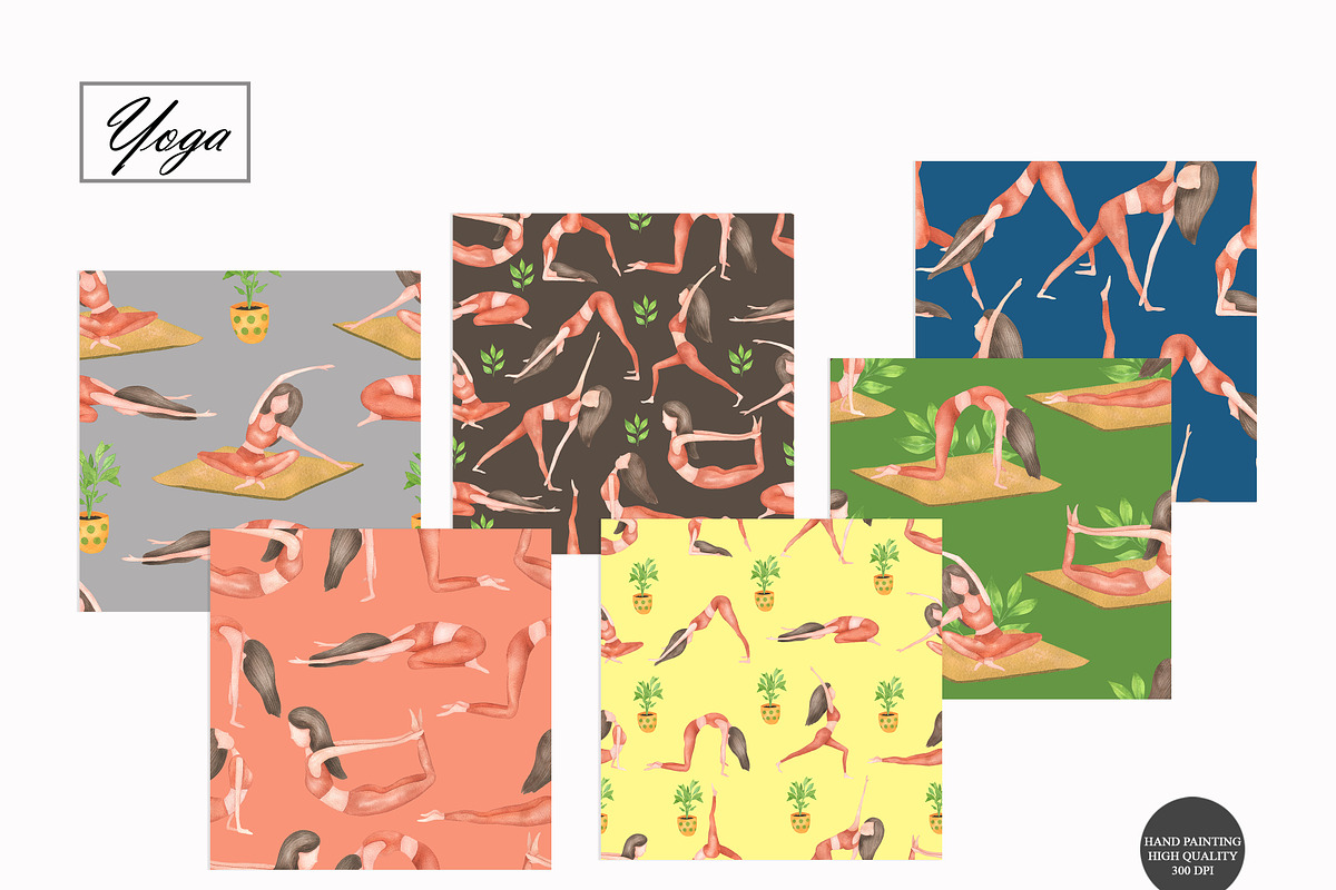 Watercolor Yoga Seamless Patterns, a Sport Illustration by OlDm_Shop (Photo 2 of 10)