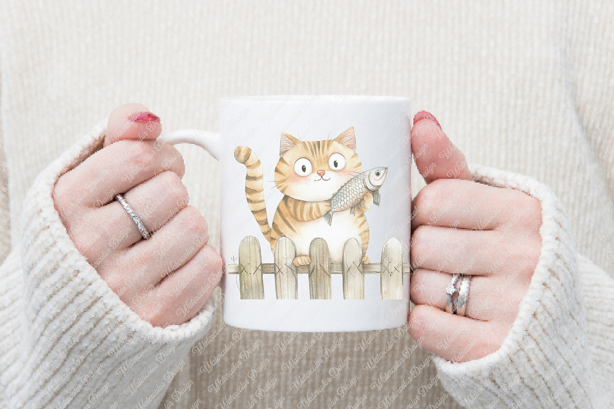 Watercolor Funny Cats on Fence PNG, an Illustration by Watercolor design (Photo 9 of 12)