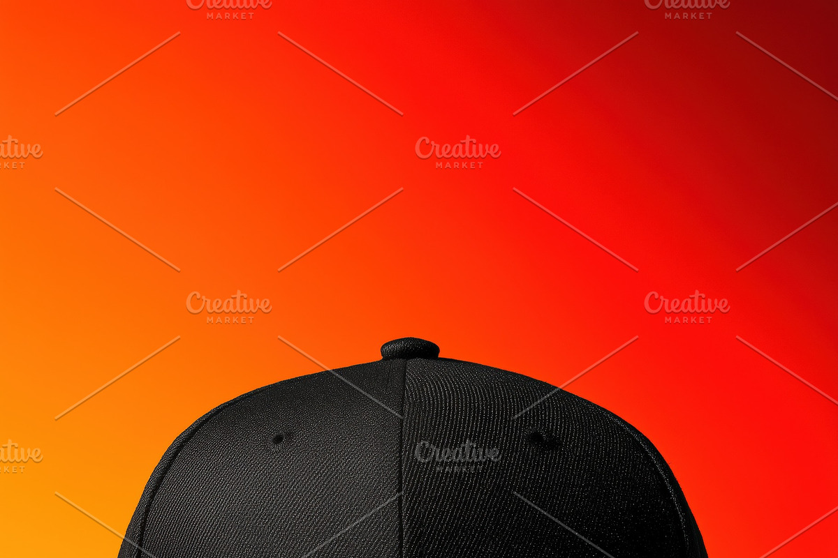 A black baseball cap mockup against a vibrant orange gradient ...
