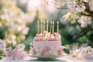 Pink birthday cake with burning candles decorated with cherry bl, a Photo by Studio ANNA