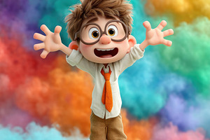 Cute cartoon boy with glasses white shirt orange tie and brown p, a Person Photo by José Manuel Gelpi