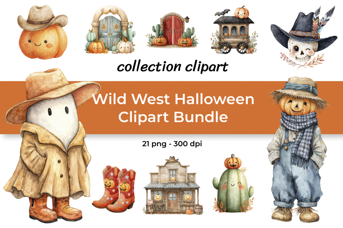Wild West Halloween Clipart Bundle, a Seasonal Illustration by InkyQueenArt (Photo 1 of 5)