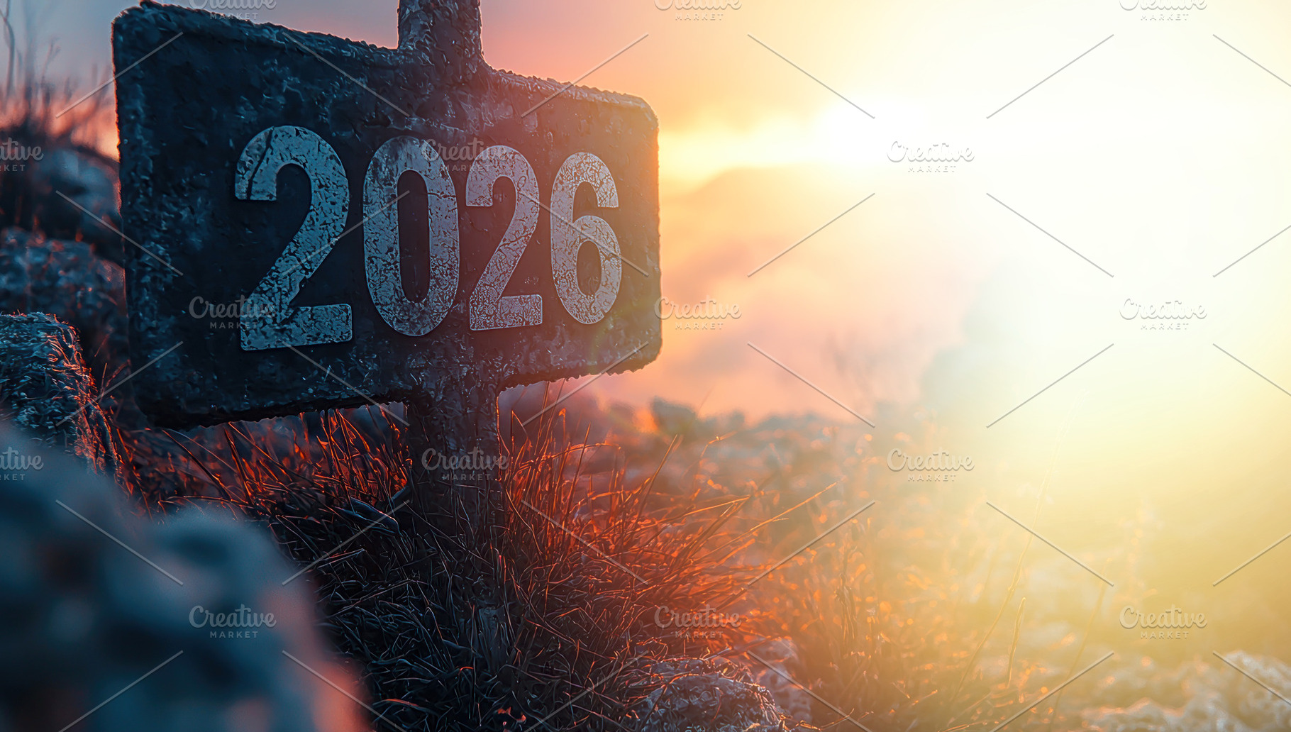 Weathered 2026 signpost on frosty ground at sunrise with glowing, a Background Photo by José Manuel Gelpi