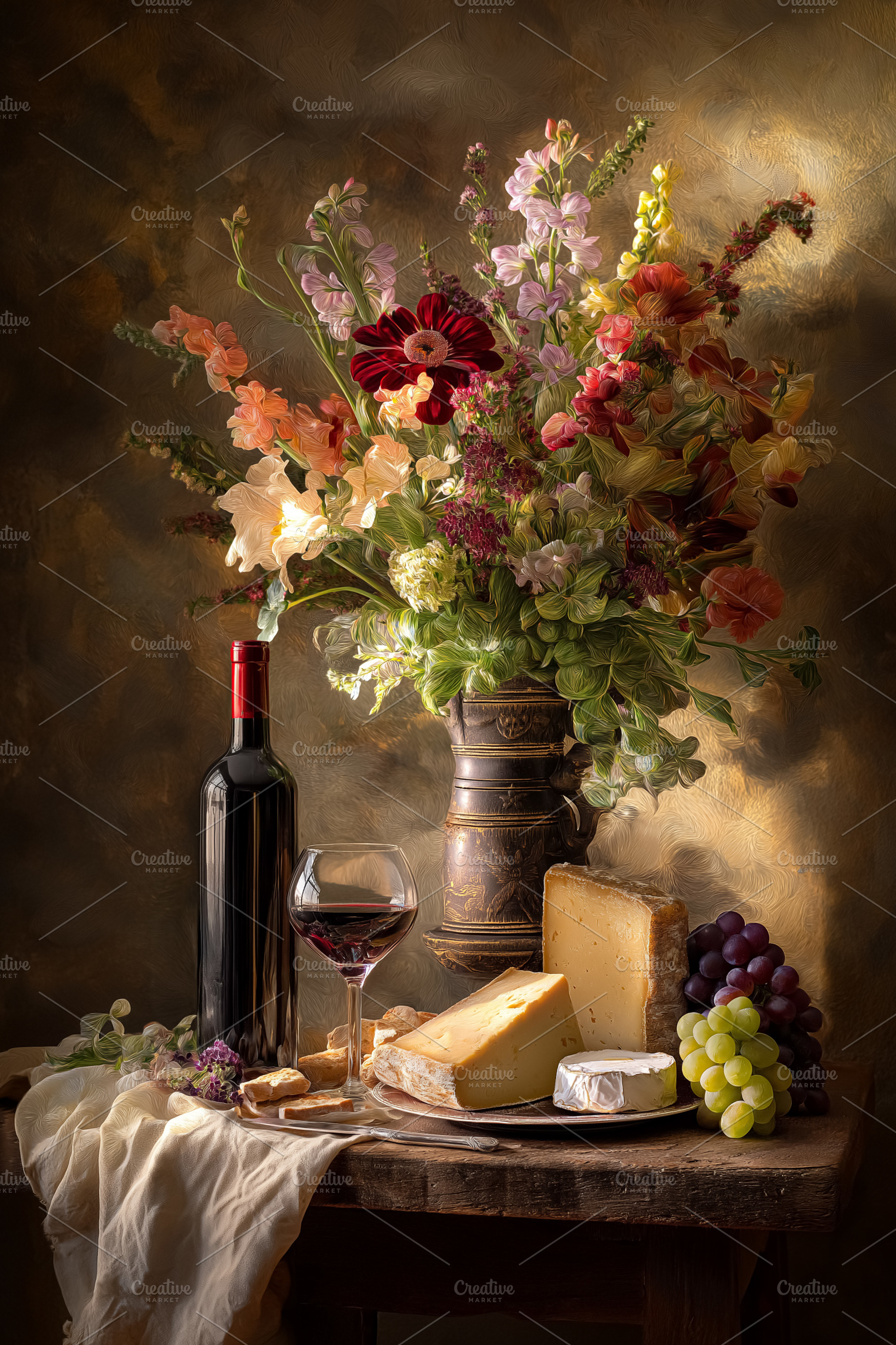 Still life painting featuring red wine bottle, glass, various cheese types, gra, a Food & Drink Photo by Studio ANNA