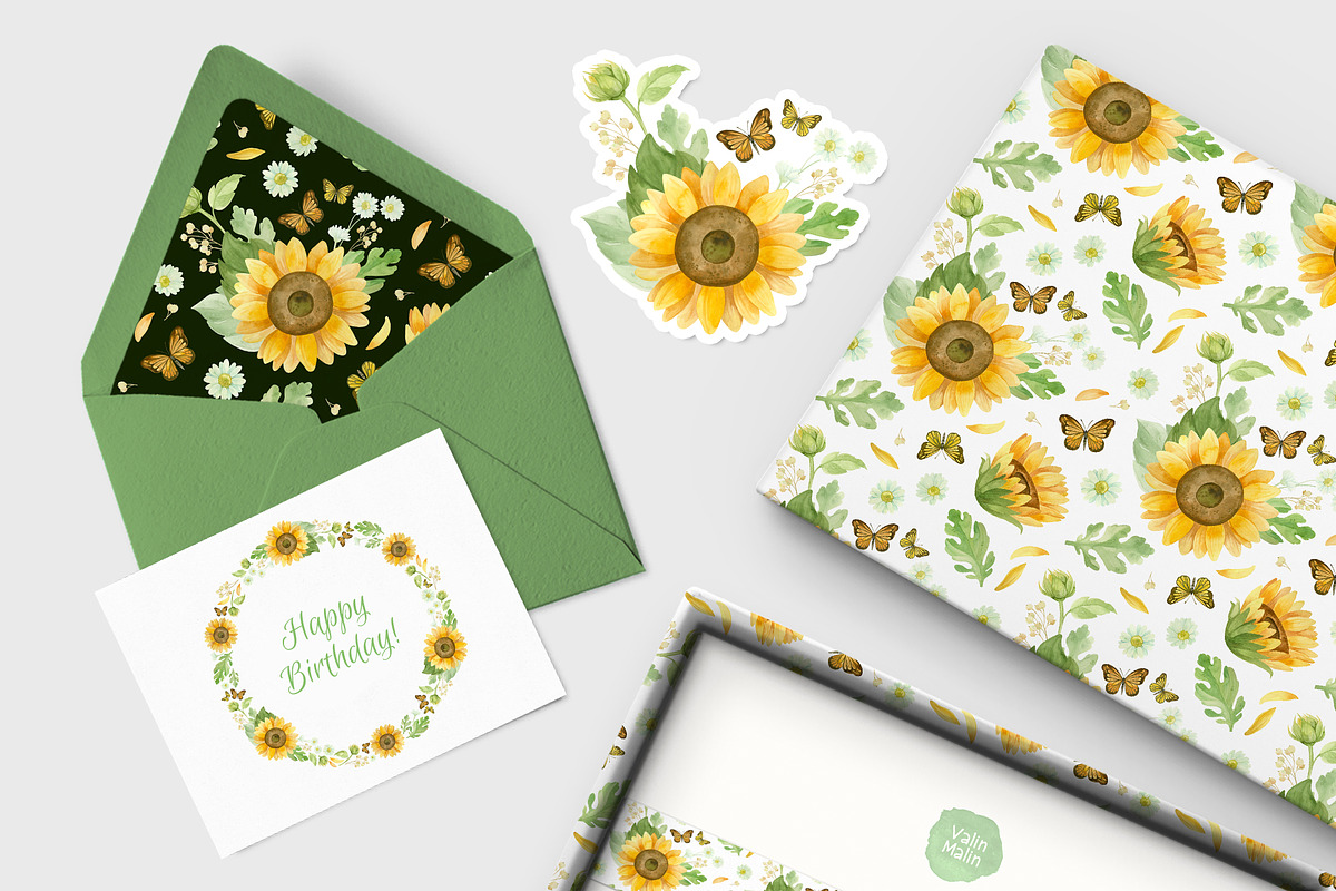 Sunflowers clipart, patterns, frames, a Decorative Illustration by Valin Malin (Photo 7 of 16)