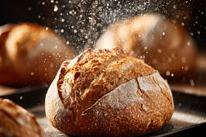Crusty artisan bread loaf with falling flour, a Food & Drink Photo by AlyaAnd