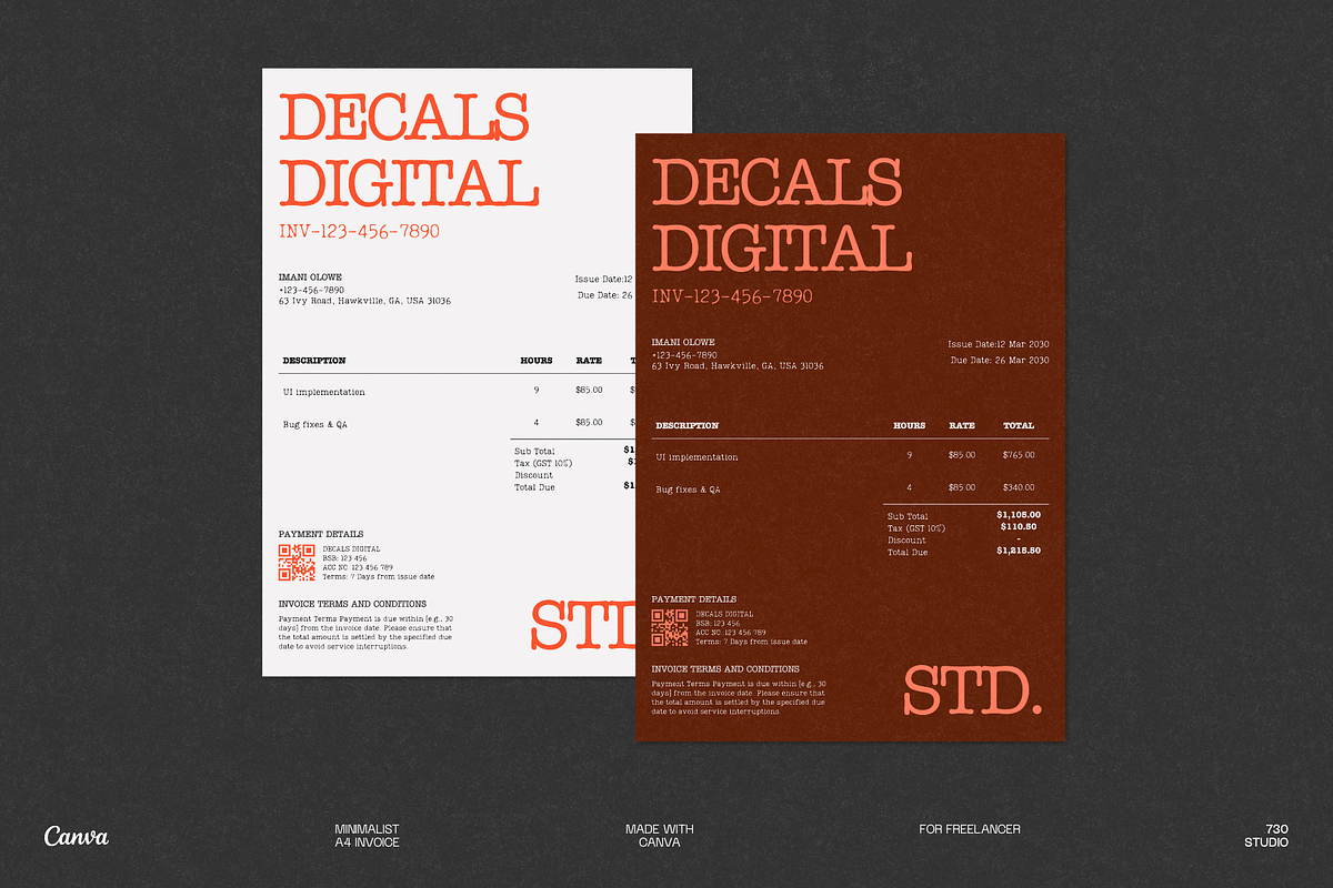 Minimalist Canva Freelance Invoice, a Stationery Template by 730 Studio (Photo 1 of 6)