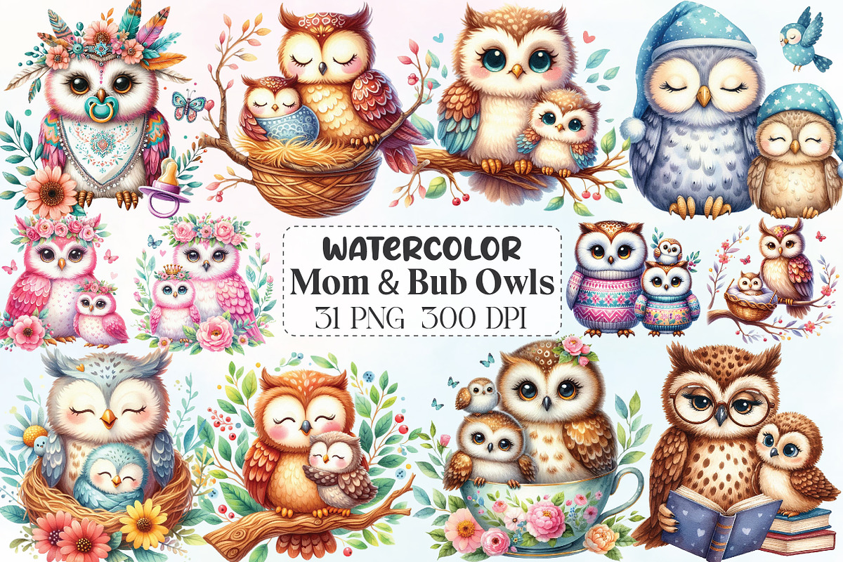Cute Mom & Bub Owls Clipart, an Illustration by CraftArtStudio (Photo 1 of 6)